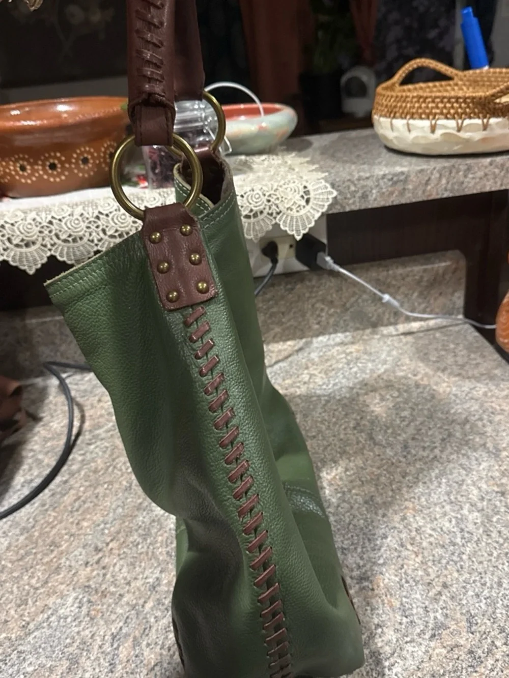 Vintage lucky Green Leather Hobo Bag with Brown Trim